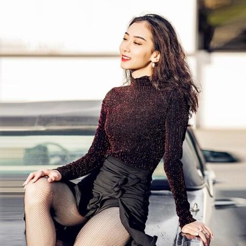 New Latin Dance Tops Women Long Sleeve Sequin Costumes Latin Competition Dresses Lady Rumba Dance Shirt For Training VO172