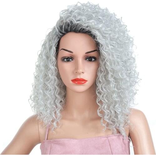 Lady Kinky Curly Afro Wig Gray Hair Mixed Black Color Synthetic Wigs for Women Heat Resistant Fiber Medium Length