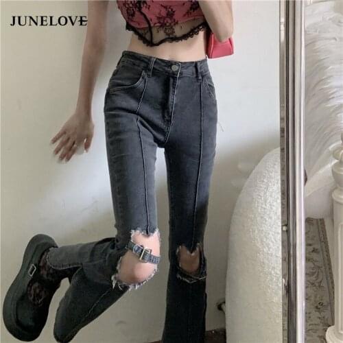 Sexy Vintage Hole Ripped Jeans Women Wide Leg Denim Flare Slim Pants High Waist Party Casual Trousers Bodycon Bell Bottoms Pants