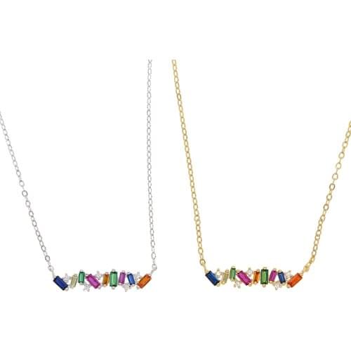 Simple rainbow baguette cubic zirconia cz bar necklace multi colored geometric minimal Gold filled high quality wedding necklace