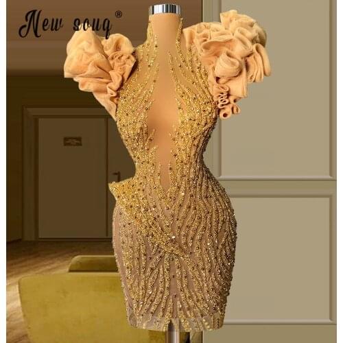 Puffy Sleeves Gold Mermaid Cocktail Dress for Party Sheer Neck Beaded Arabic Aso Ebi Formal Party Gowns Women Prom Wear 2021