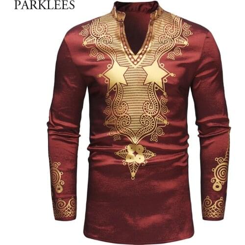 African Dashiki Print Dress Shirt Men 2018 Autumn New Stand Collar Shirt Mens Long Sleeve V Neck Shirts Male African Clothes 3XL