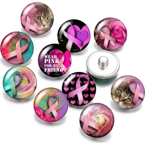 Heart Ribbon Love cure 18mm snap buttons 10pcs mixed round photo glass cabochon style for snap button jewelry