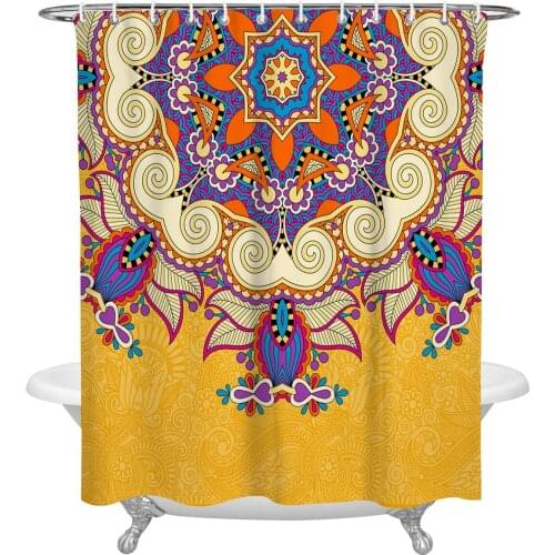 Yellow Arabic Circle Pattern Bathroom Shower Curtain Polyester Fabric Waterproof Shower Curtains with Hooks