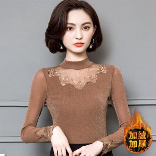Women Blouse Womens Lace Long-Sleeved Shirt Bright Yarn Mesh T-shirt Top Blusas Mujer De Moda