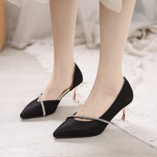 2021 New Women Pumps Bling Slip on High Heels Shoes Pointed Toe Boat Shoes Crystal Ballet Flats Black Loafer Comfortable Shoes