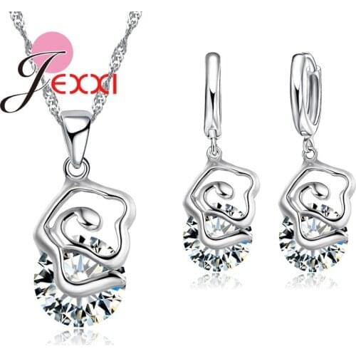 Women Girl Best Gifts 925 Sterling Silver Chain Flower Cubic Zircona Drop Necklace Earrings Sets Bricos Bijoux Jewelry