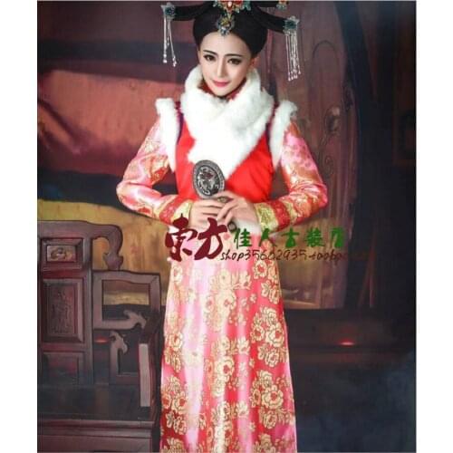 TV Play Legend of Da Yu Er Qing Princess Pink Embroidery QiZhuang Womens Costume Winter Clothes with Fur Collar Cosplay
