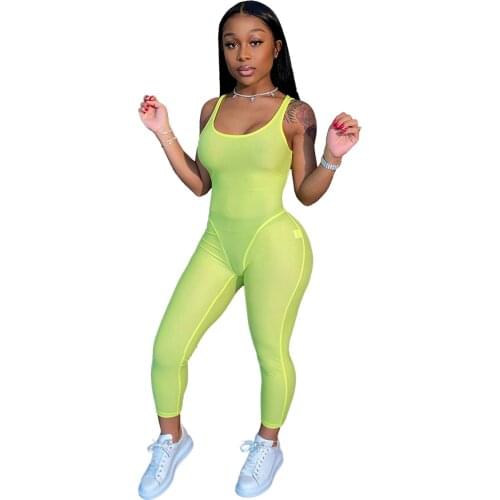 2021 Jumpsuit Women Sexy Sheer Mesh O Neck Sleeveless Tank Top Leggings Bodycon See Through Bodysuit Jumpsuit Overalls for Women