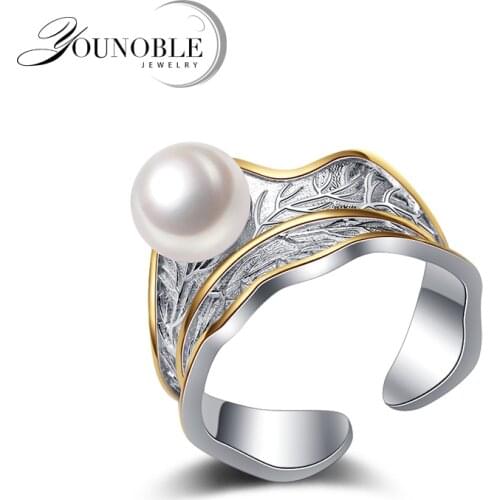Genuine 925 sterling silver open ring women,nice natural freshwater round pearl ring girl gift