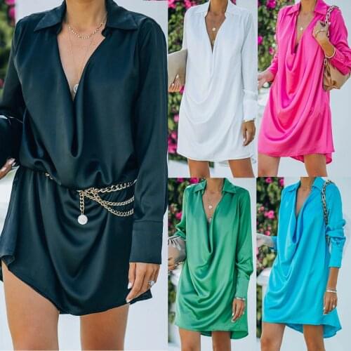 Women Elegant Chiffon Dress Deep V Neck Turn-down Collar Long Sleeve Solid Slim Loose Style Casual Holiday Dress Office Dress