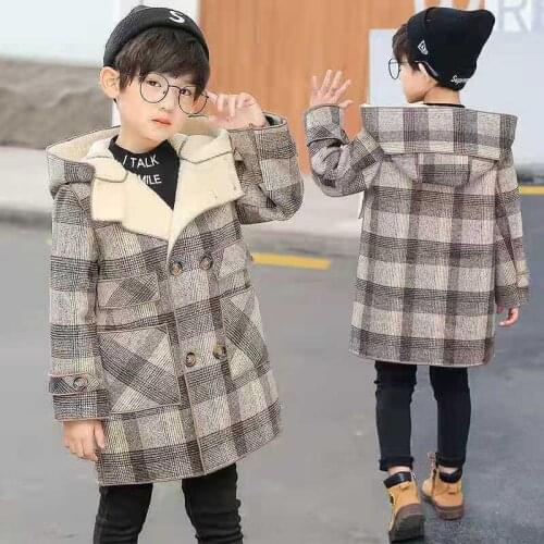 3-10T Wool Coat For Boy Childrens Jacket For Spring Autumn 2021 New Fashion Plus Velvet Hooded Plaid Outerwear Teenager Clothes