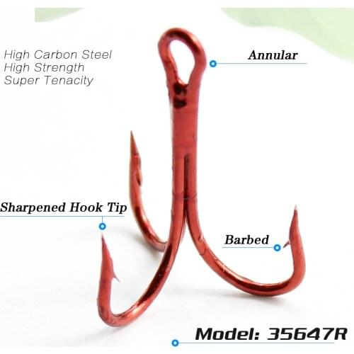 Lots 100pcs Fishing Hook Red High Carbon Steel Fishhook Saltwater Bass 10# - 2# Barbed Sharpened Round Bent Treble Hook