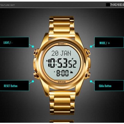 Digital Mens Watch Sports Volume Adjustment Electronic Clock Stainless Steel Waterproof Male Wristwatches For Muslim SKMEI 2020