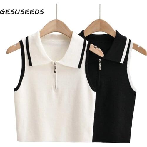 Elegant tank top women corset tops sleeveless patchwork top turn down collar knitted vest slim streetwear white crop top black