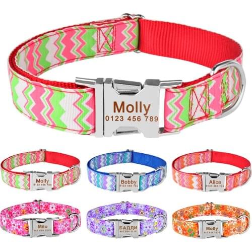 Custom Engraved Pet Information Dog Collar Adjustable Nylon Unisex Fashion Flower Dog Collar Personalized Small Large Dog Tag