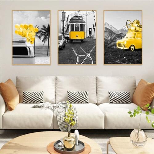 Black and White Scenery Picture Nordic Canvas Painting Home Decor Wall Art Gold Car Bus Balloon Posters and Prints for Bedroom