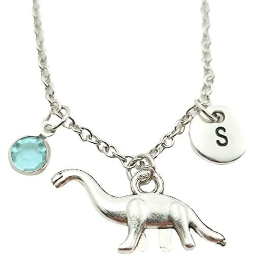 Dinosaur Animal Creative Initial Letter Monogram Birthstone Necklace Fashion Jewelry Women Christmas Gifts Accessories Pendants