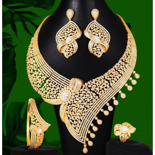 Missvikki BRIDAL Noble 4PCS Luxury Shiny Necklace Bangle Earrings Ring Jewelry Set for Bridal Wedding Superstar Show Jewelry