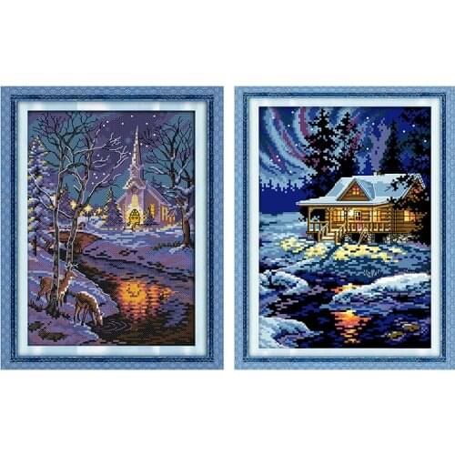 Cross Stitch Kits Winter Night Scenes Patterns Counted Printed Canvas 11CT 14CT Print Stamped Fabric Needlework Embroidery Sets