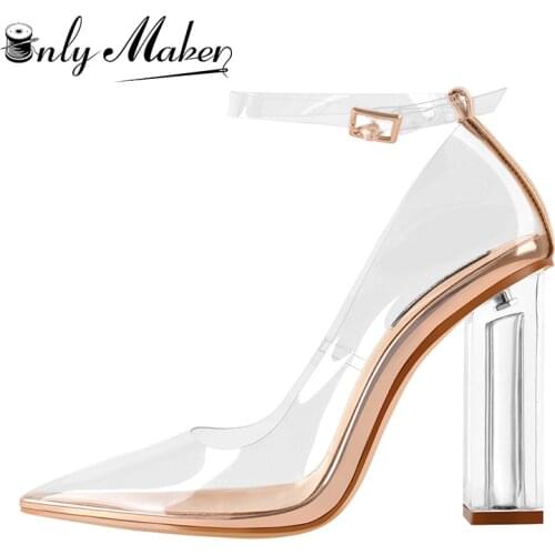 Onlymaker Womens Clear Pumps Pointed Toe Ankle Strap Block Chunky High Heel Dress Sandal Shoes Size US 5 - US15