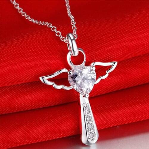 Wing Pendant Cross Angel Necklace Silver Plated Clear CZ Crystal Stone Colorful Necklace
