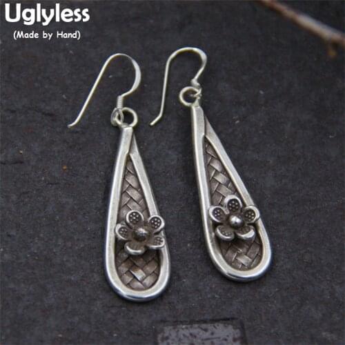 Uglyless Real S925 Vulcanized Silver Women Handmade Braided Waterdrop Dangle Earrings Romantic Flower Brincos Retro Fine Jewelry