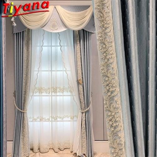 Luxury Embroidered Lace Curtains for Living Room Valnce Modern Blue Blackout Side Lace Window Drapes for Bedroom HM698#VT*T