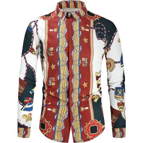 Mens Luxury Royal Print Dress Shirts 2021 Brand Long Sleeve Button Up Shirt Men Party Wedding Prom Shirt Male Chemise Homme 4XL