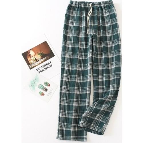 Casual Couple Pajamas Pants Cotton Gauze Trousers Thin Japanese Plaid Loose Soft Mens&Womens Home Pants Long Sleep Buttoms