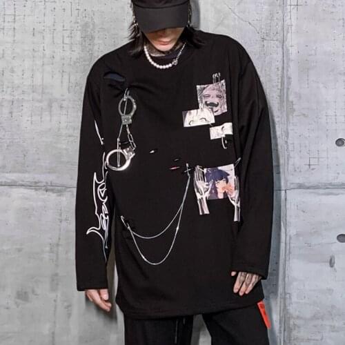 Comics Anime Manga Illustration Hook And Loop Fastener Chain Design Thin Sweatshirt Streetwear Men High Street Pullover