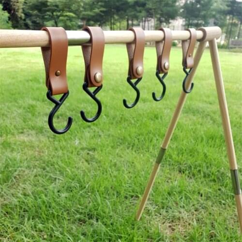 Outdoor PU Leather Hooks Portable Camping Tripod Clothes Storage Hanger Hook for Camp Hiking Supplies
