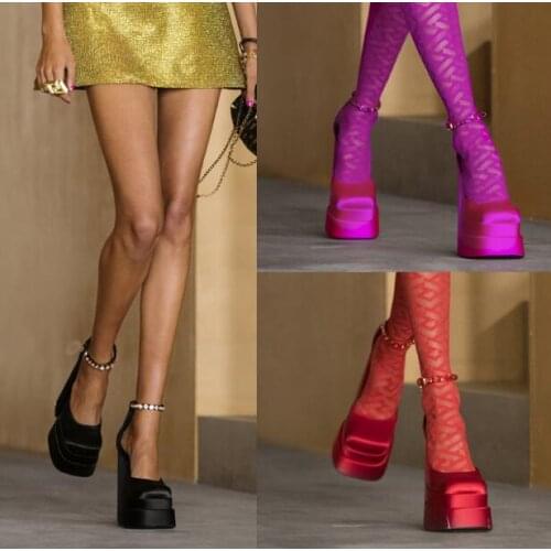 Hot Pink Yellow Red Black Satin 145 MM Square Heel/Toe Crystal Bling Shallow Pumps Woman Thick Sole 45 mm Platform Party Shoes