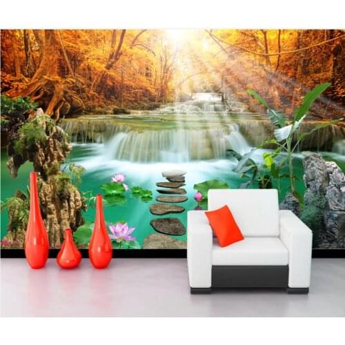 Custom mural 3d photo wallpaper Autumn forest waterfall lotus landscape interior living room wallpaper for walls 3 d in rolls