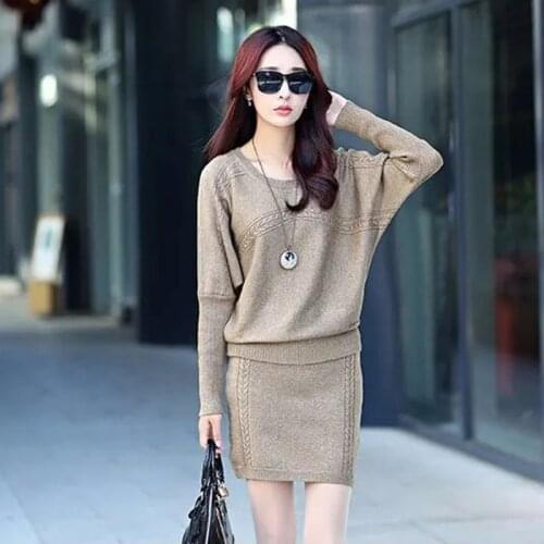 Womens Casual Mini Silk Knit Bag Hip Skirt Two-piece Fashion O-neck Pullover Sweater Bat Sleeve Two-piece Womens Sets Lu1381