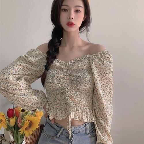 Women Floral Print V Neck Blouse Summer Autumn Female Long Sleeve Sweet Pleated Short Tops