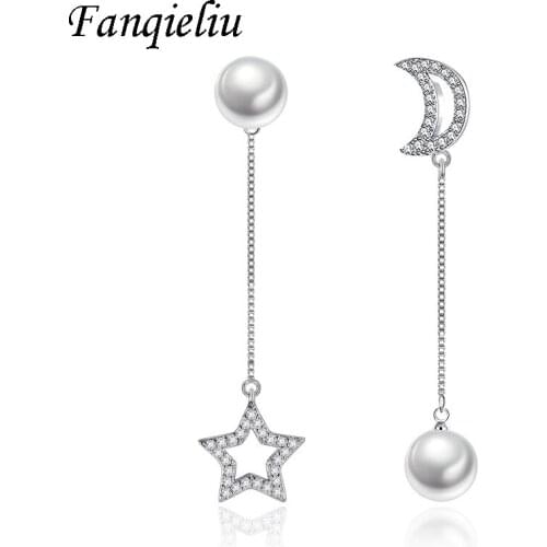 Fanqieliu 925 Sterling Silver Vintage Jewelry With Crystal Pearl Charms Moon Star Drop Earrings For Women FQL21045