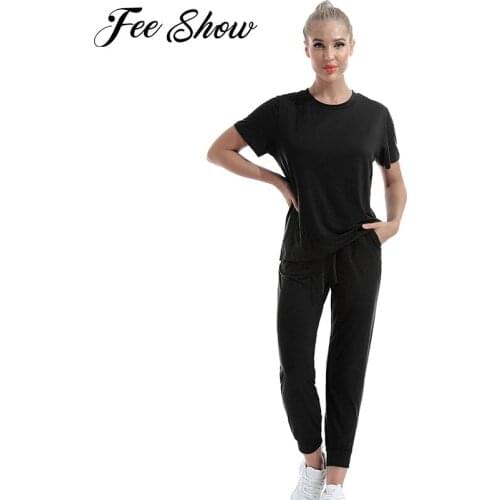 Women Yoga Tracksuits Casual home wear Summer Sport Fitness Outfit Solid Short Sleeve T-shirt+Harem Pants Running Suits 2Pcs Set