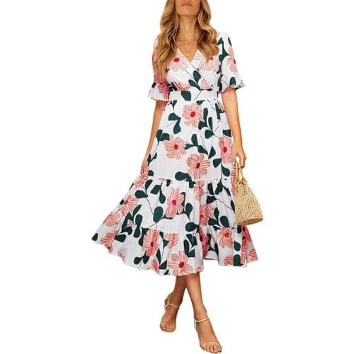 Women Floral Printed Maxi Dress V-neck Short Sleeve Ruffled Hem Dress Loose Summer Casual Dresses Plus Size
