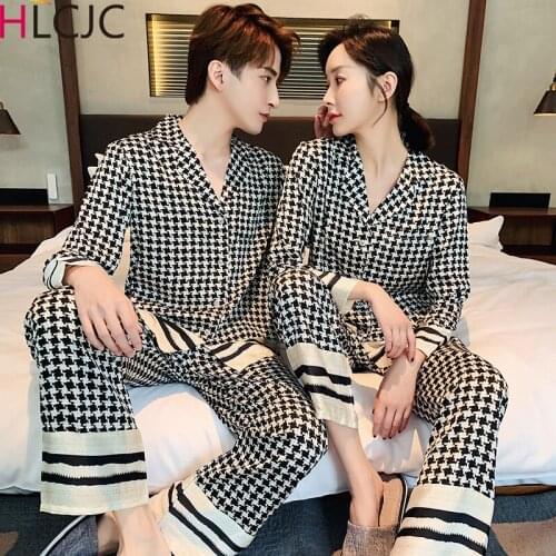 2021 Silk Like Houndstooth Womens Pajamas Set Fashion Style Female Couple Sleepwear Home Clothes for Men Nightwear Pyjama Femme