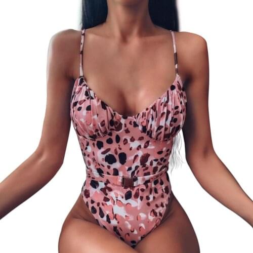 Women Summer Leopard Solid Color One Piece Bikini Swimsuit Swimwear with Belt