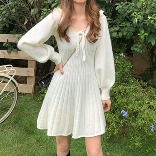 Winter Knitted Dress Women Sweet Ruffles O-Neck Elegant Sweater Mini Dress Vintage Kawaii One-Piece Dress Korean 2020 Autumn