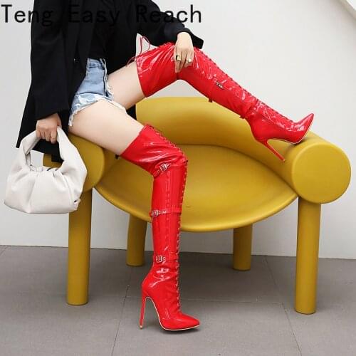 2021 New Thigh High Boots Women Sexy Thin High Heels Shiny Side Zip Stiletto Boots Over Knee Shoes Woman Zapatos Size 44 45 46
