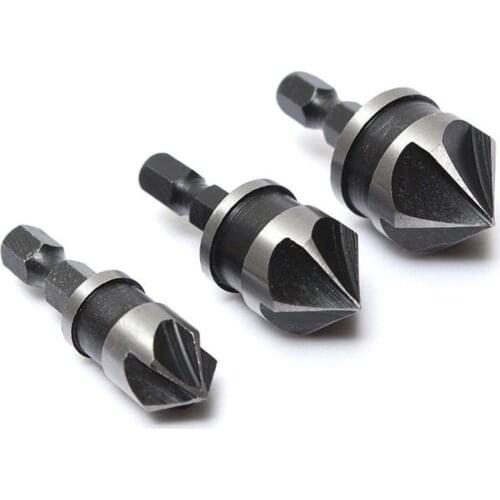 3pcs 5 Flute Countersink Drill Bit Point Angle Chamfer Chamfering Cutter 12mm/16mm/19mm Round Shank For Power Tool
