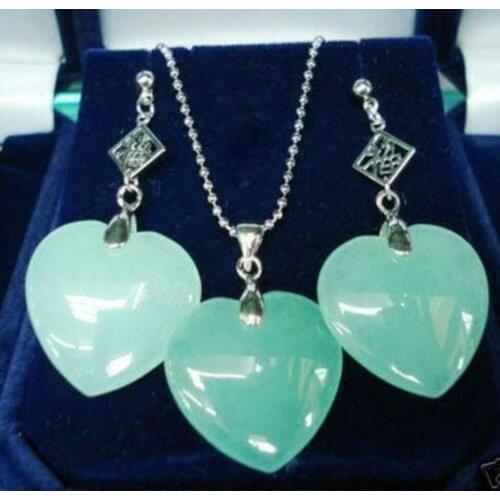 Free Shipping Hot sell good wholesale beautiful silver plated heart shape green jade earring and pendant jewelry set