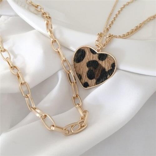 Gold Color Leopard Skin Print Heart Pendant Wide Chain Separable Necklace 2020 Fashion Words Jewelry Party Gift
