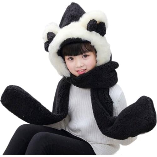 Toddler 3In1 Warm Plush Fluffy Winter Hat Cute Bowknot Bear Ears Animal Kids Scarf Mitten Gloves with Pockets Earflap Hoodie Cap
