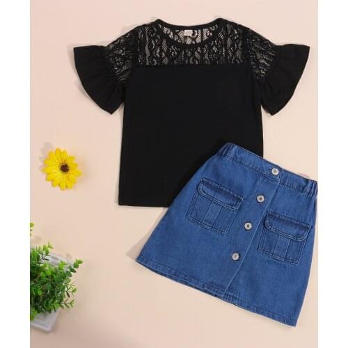 FOCUSNORM 1-6Y 2pcs Infant Kids Girls Clothes Sets Lace Ruffles Flare Sleeve T Shirts Blue Denim A-Line Skirts