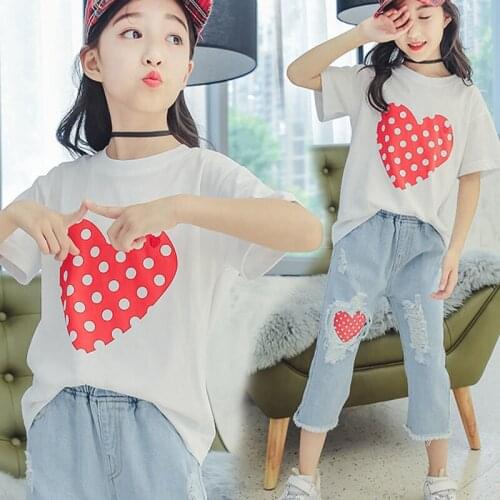 Girls Set T-Shirt + Jeans Two Children 2020 Summer Tops for Baby Girl Short Sleeve Dot Cotton 8 9 10 12 Years Girl Clothes