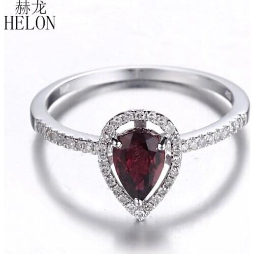 HELON Solid 14k White Gold Flawless Pear Cut 7X5mm Tourmaline & Diamonds Wedding Ring For Women Birthday Anniversarry Best Gift